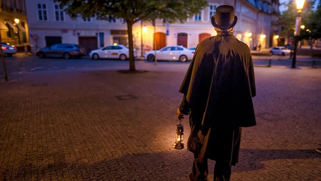 Guide in cloak and top hat holding lantern on Prague evening ghost tour.