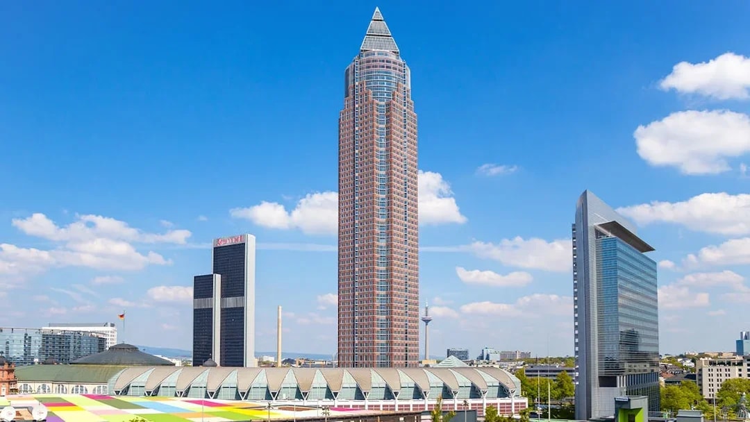 Frankfurt skyline with Messeturm and modern buildings on Panorama City Cruise.