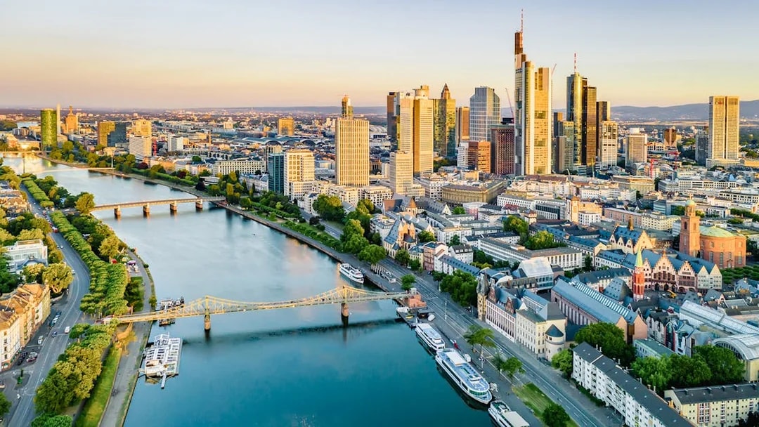 Aerial view of Frankfurt skyline and Main River during Panorama City Cruise.