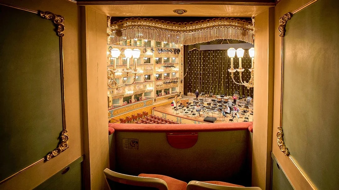 View from a box seat overlooking the stage at La Fenice opera house in Venice.