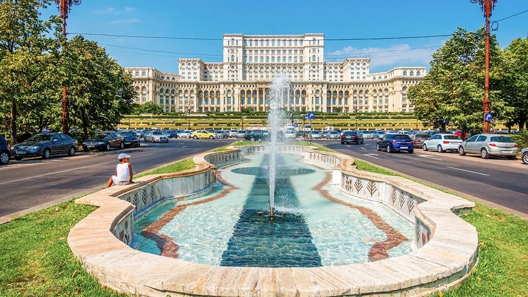 Fountain in front of Bucharest Palace of the Parliament, Romania.