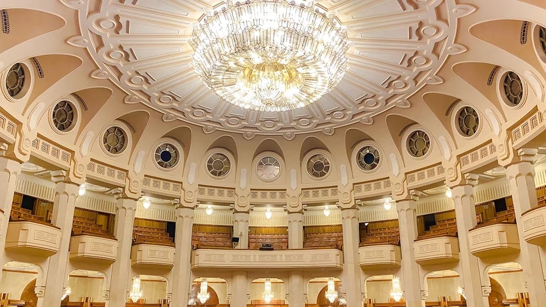 Chandelier in the grand hall of the Palace of Parliament, Bucharest.