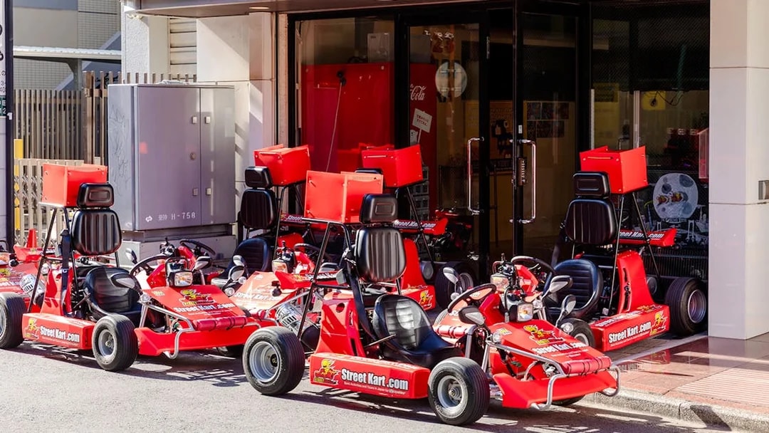 Go karts lined up for Shibuya Go Karting experience in Tokyo.