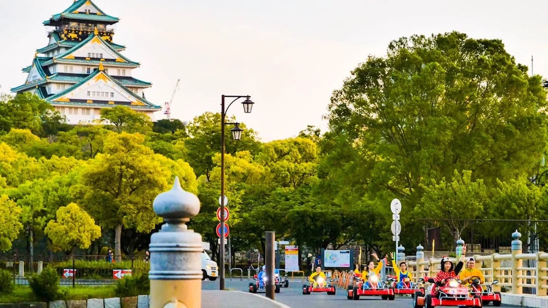 Go-karting near Osaka Castle during Akiba Kart Osaka Street Go Kart Experience.