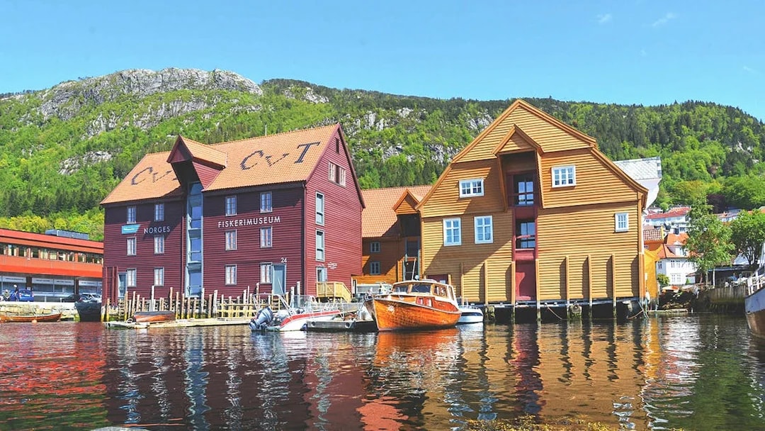 Bergen harbor with historic wooden buildings and boats, seen on a sightseeing cruise.
