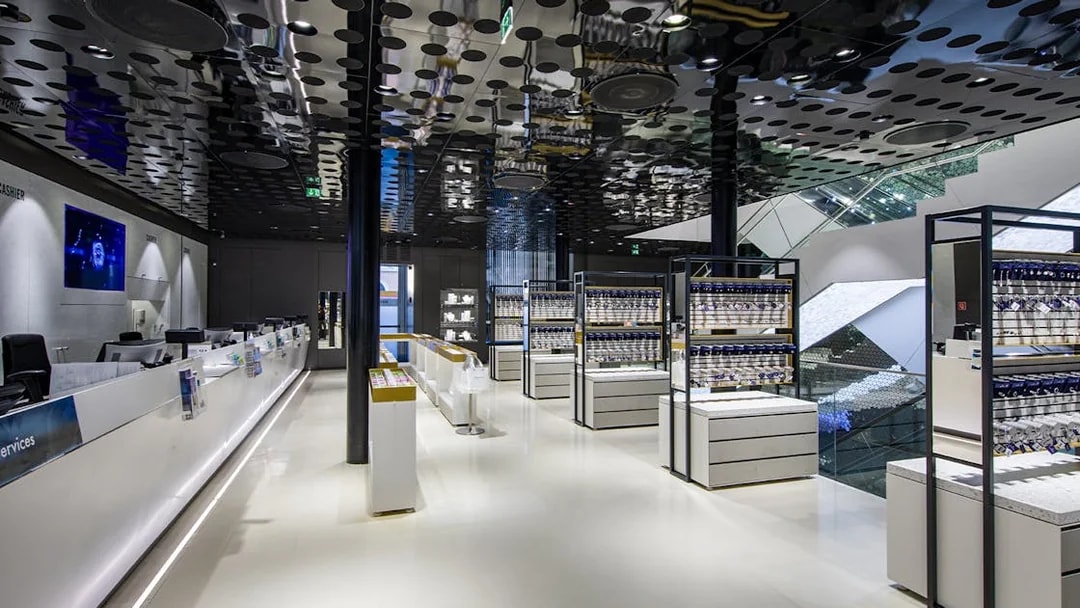 Swarovski House interior in Vienna with display shelves and modern decor.