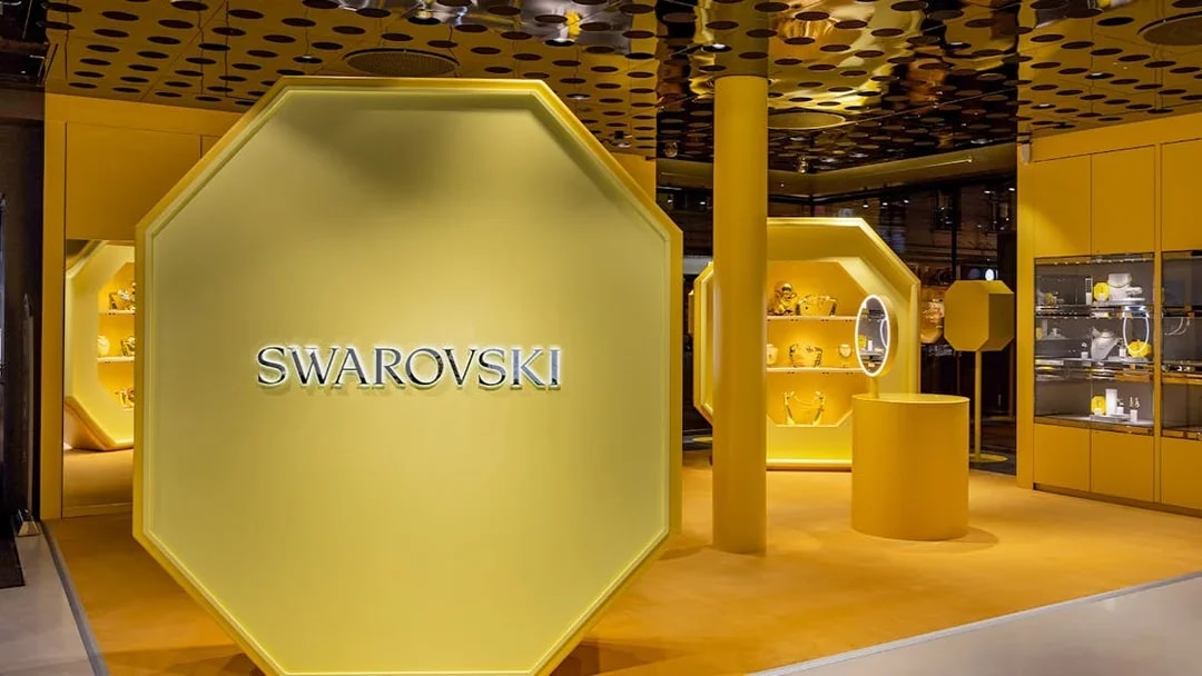 Swarovski display area in Vienna showcasing jewelry and decor items.