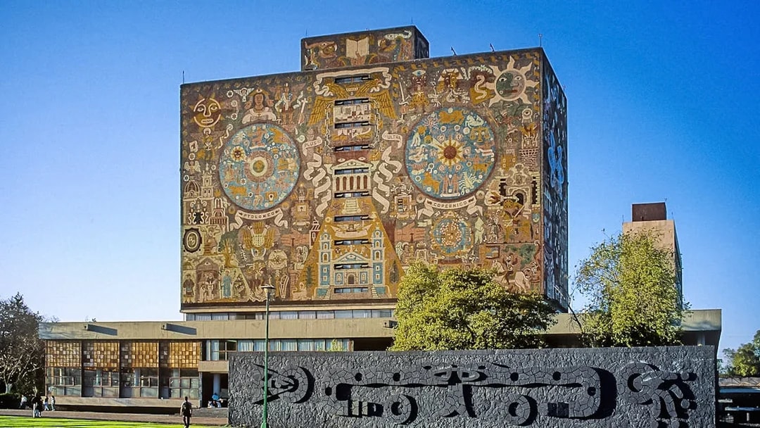 Mural on the Central Library at the National Autonomous University of Mexico, featuring intricate designs.