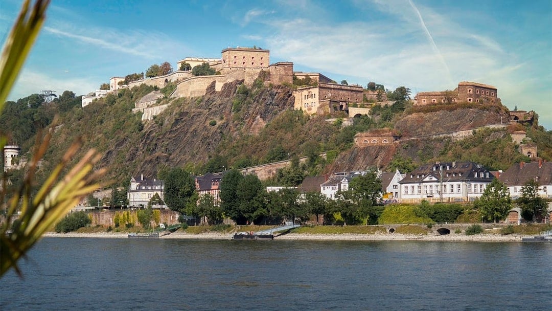 Ehrenbreitstein Fortress overlooking the Rhine River in Koblenz, Germany.