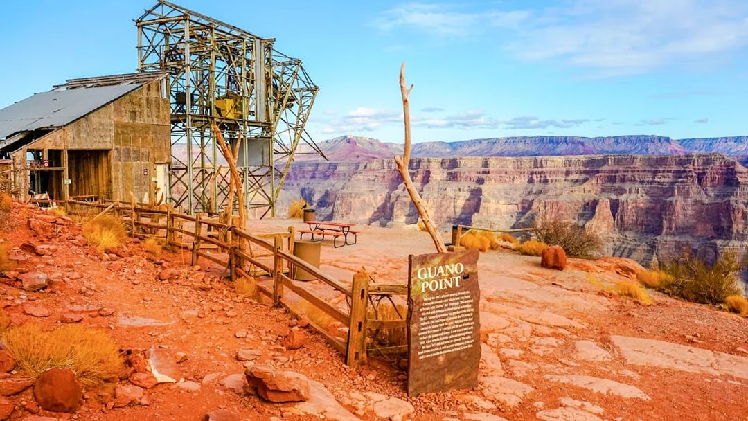 Guano Point with historic mining structure and Grand Canyon view, Grand Canyon West Airplane Tour.