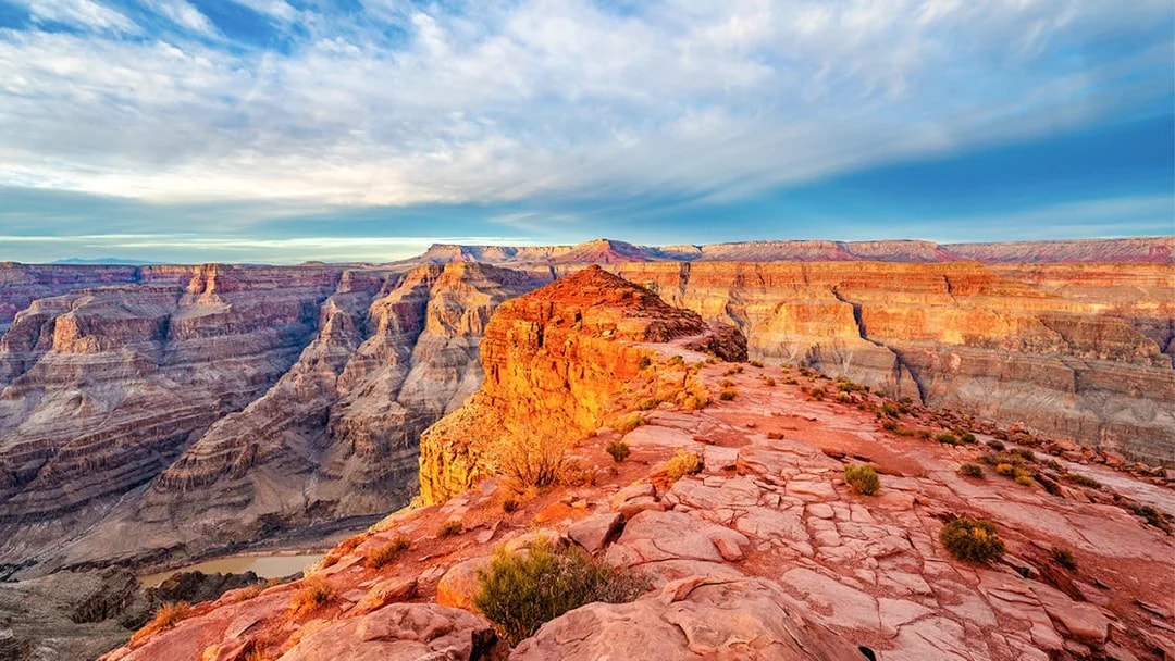 Aerial view of Grand Canyon West with red rock formations and expansive canyon landscape.