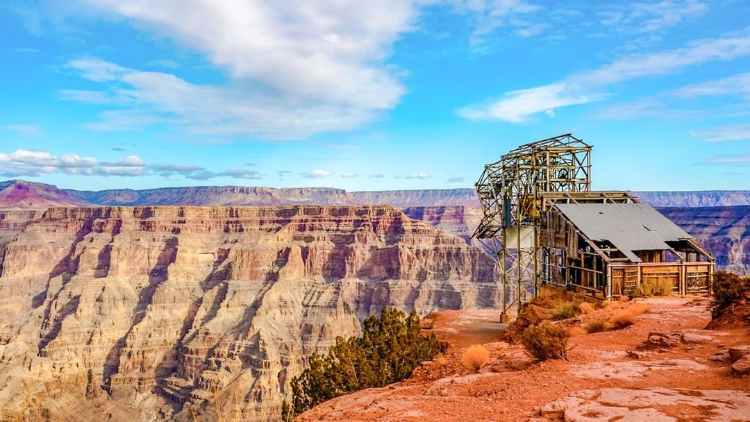 Guano Point view with historic tram structure, Grand Canyon West airplane tour.
