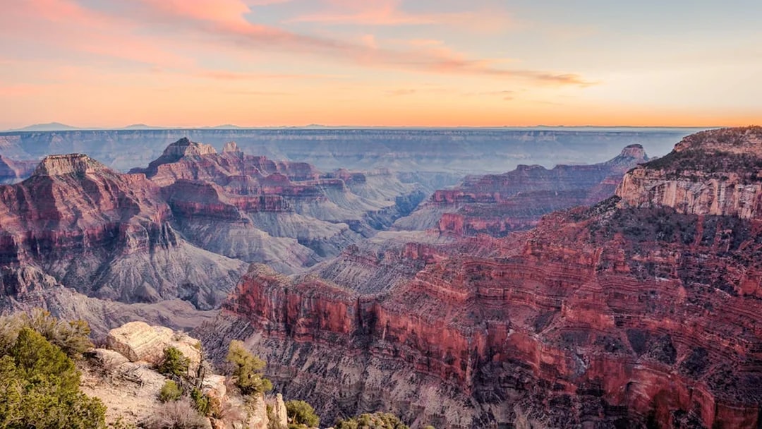 Grand Canyon North Rim at sunset, view from Bright Angel Point.