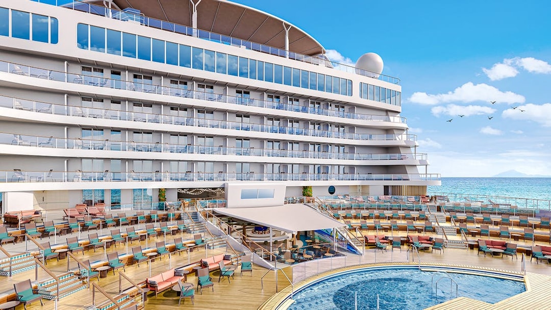 Cruise ship deck with pool on Disney Adventure Cruise at Wayfinders Bay.