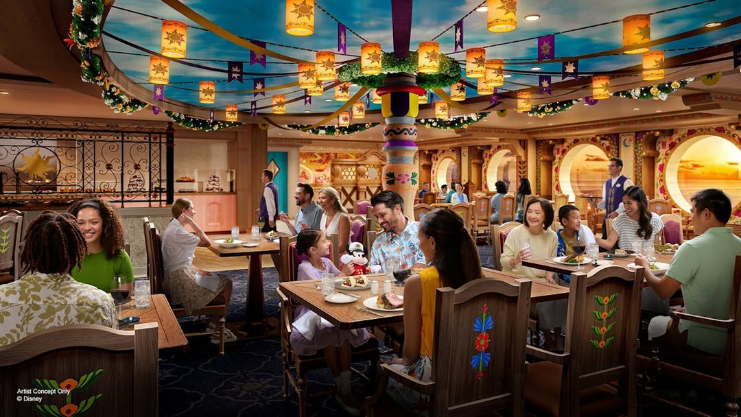 Guests dining in a themed restaurant on the Disney Adventure Cruise from Singapore.