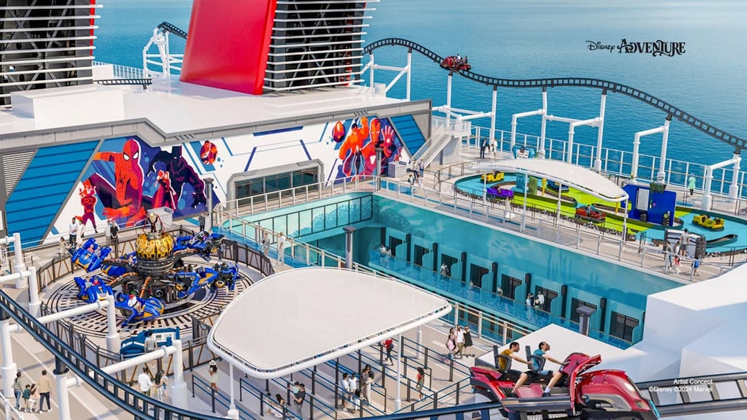 Disney Adventure Cruise deck with Marvel-themed attractions and roller coaster, departing from Singapore.