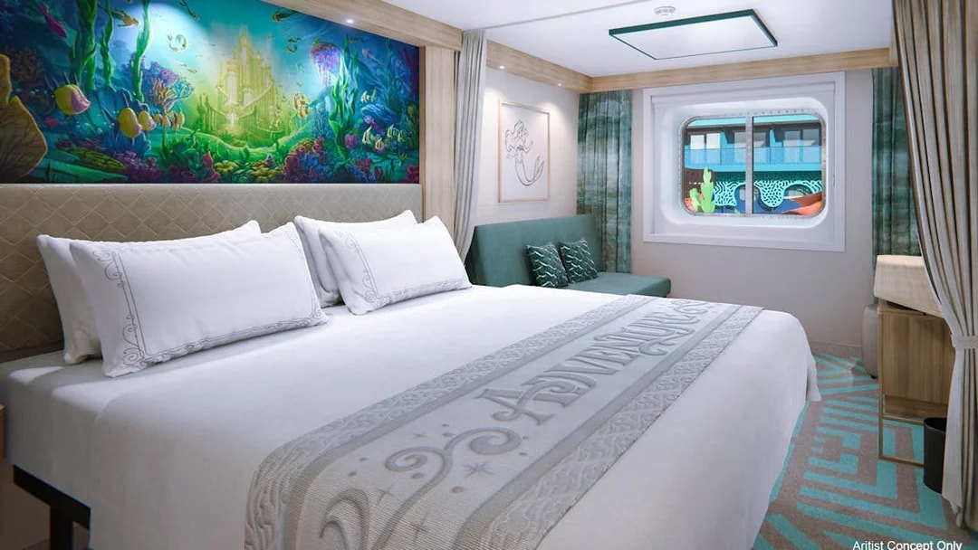 Deluxe Inside Stateroom with reef-themed decor on Disney Adventure Cruise.