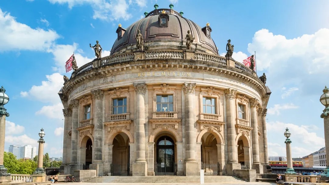 Bode Museum on Museum Island, Berlin, with neoclassical architecture and statues.
