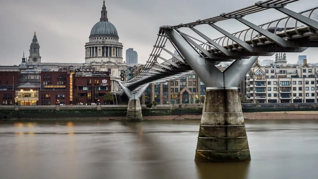 Millennium Bridge leading to St. Paul's Cathedral, featured in Harry Potter film locations tour, London.