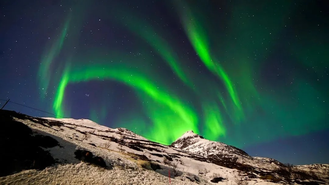 Northern Lights over snowy mountains during a 3-hour catamaran tour.