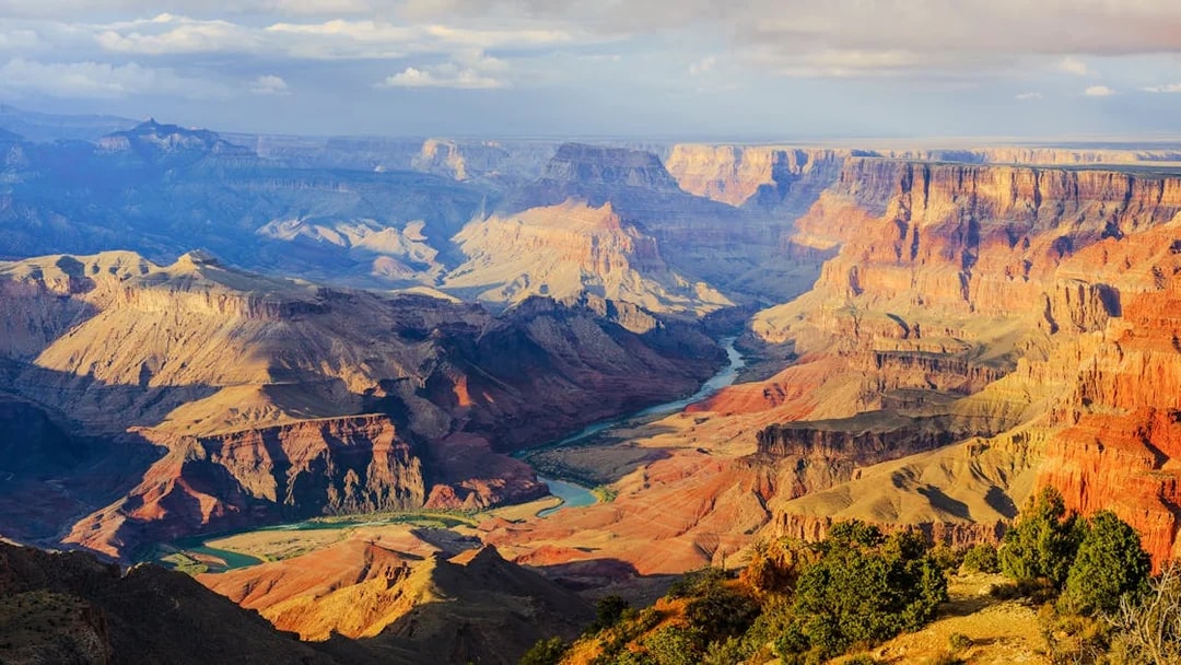 Grand Canyon view from South Rim, Arizona with Colorado River visible below.