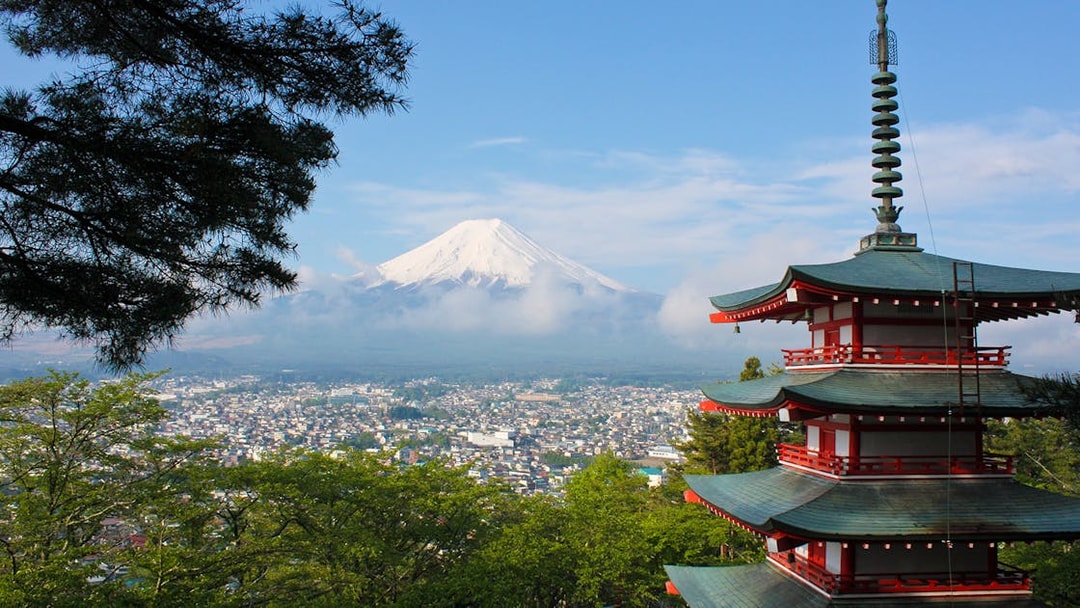 Pagoda with Mount Fuji in the background, view from Chureito Pagoda, Japan.