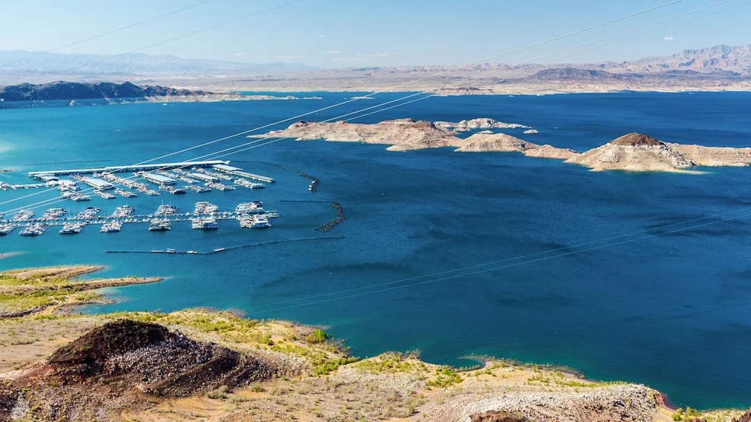 Lake Mead marina with boats and docks viewed from a high vantage point.