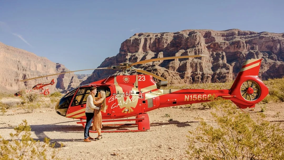 Helicopter on Grand Canyon floor during Las Vegas to Grand Canyon West tour.