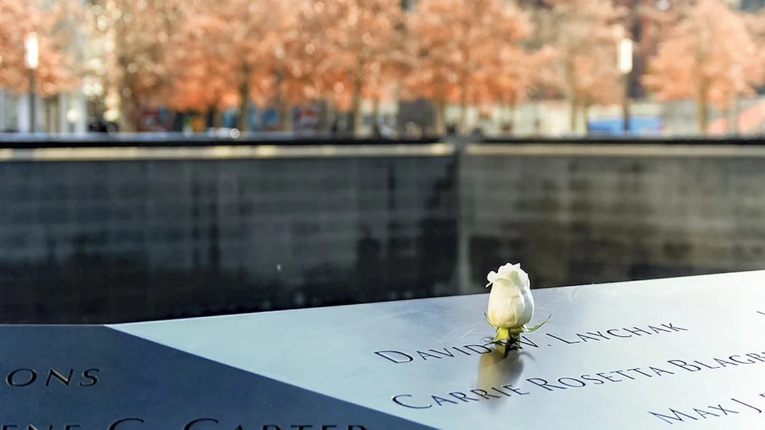 White rose on 9/11 Memorial names panel in New York City.