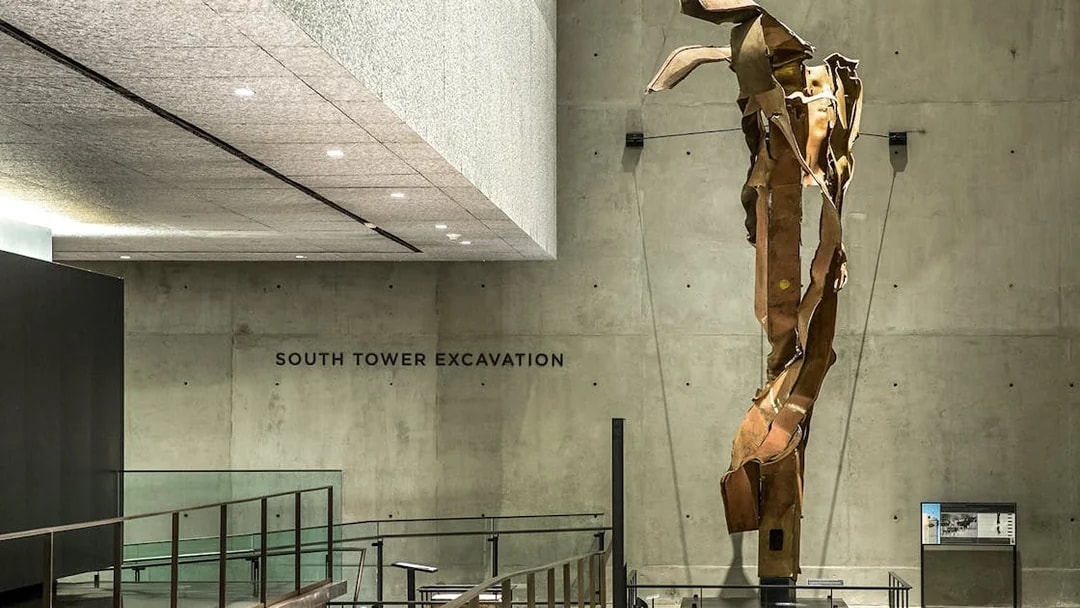 South Tower Excavation exhibit at a museum with twisted steel beam.