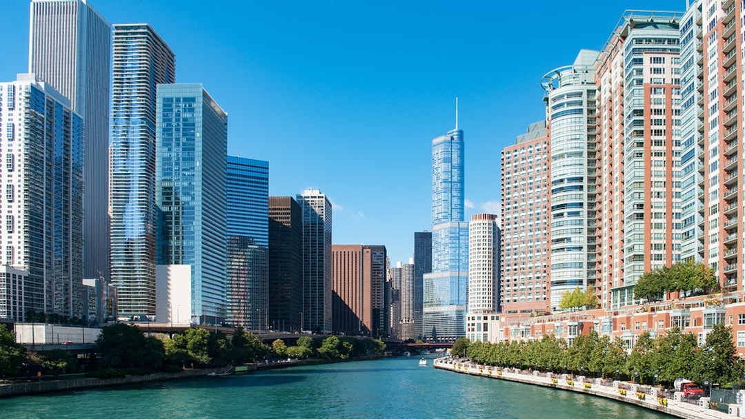 Chicago skyline along the river viewed from the 90 Min Chicago River Architecture Cruise.