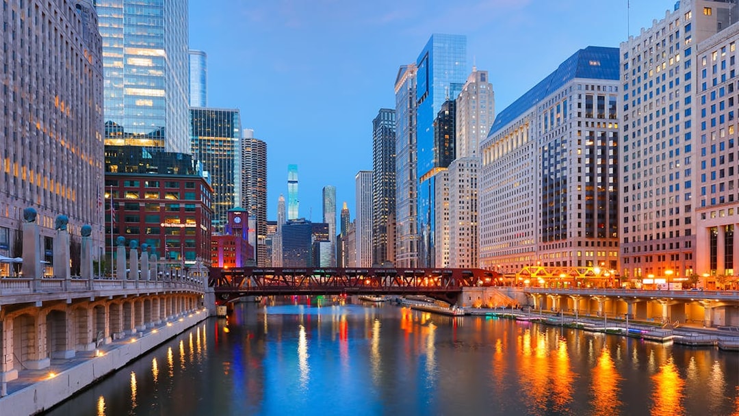 Chicago downtown skyline at sunset viewed from Lake Michigan.