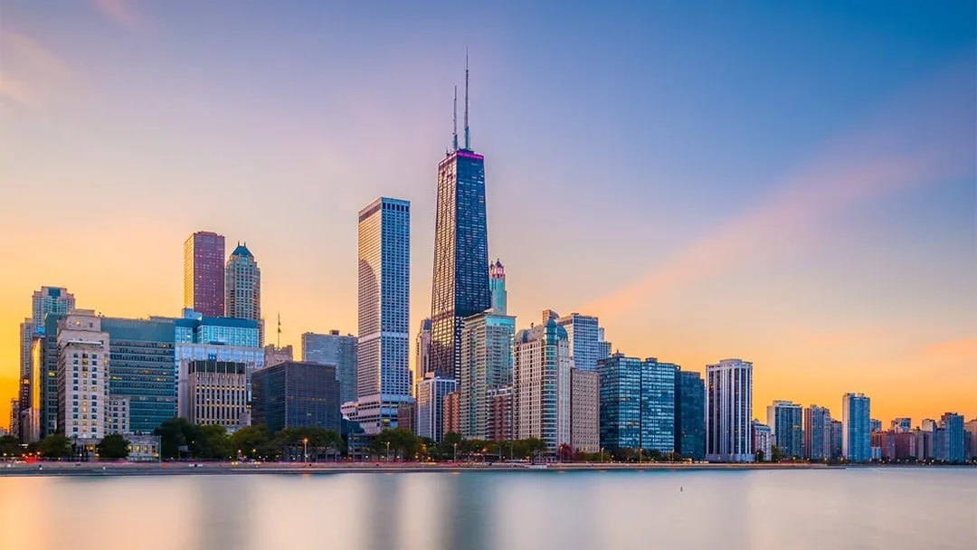 Chicago skyline at sunset viewed from Lake Michigan during a 90-minute scenic cruise.