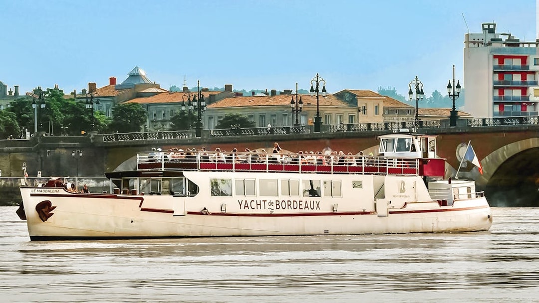 Cruise boat on Bordeaux river with cityscape and bridge in background.