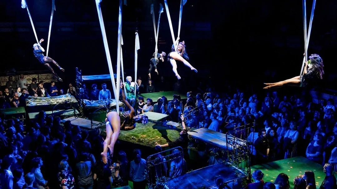 Aerial performers in a seated venue during "A Midsummer Night's Dream" show.