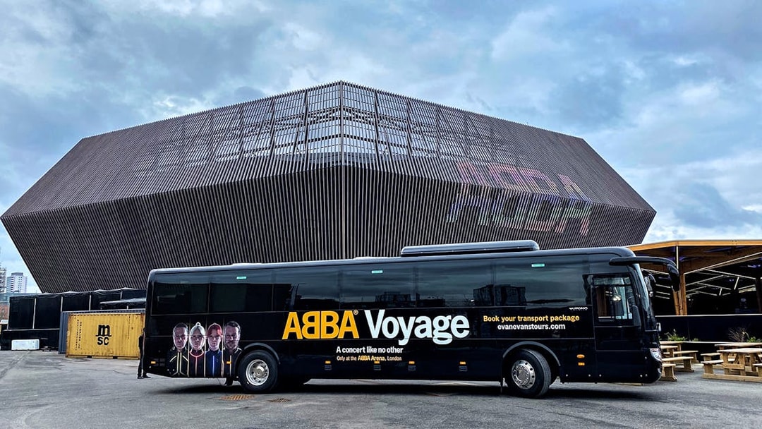 ABBA Voyage concert coach outside ABBA Arena, London.
