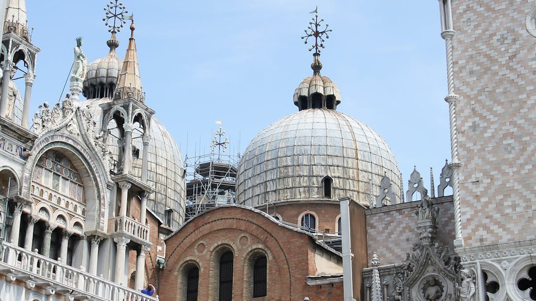Dome and facade details of St Mark's Basilica in Venice, Italy.