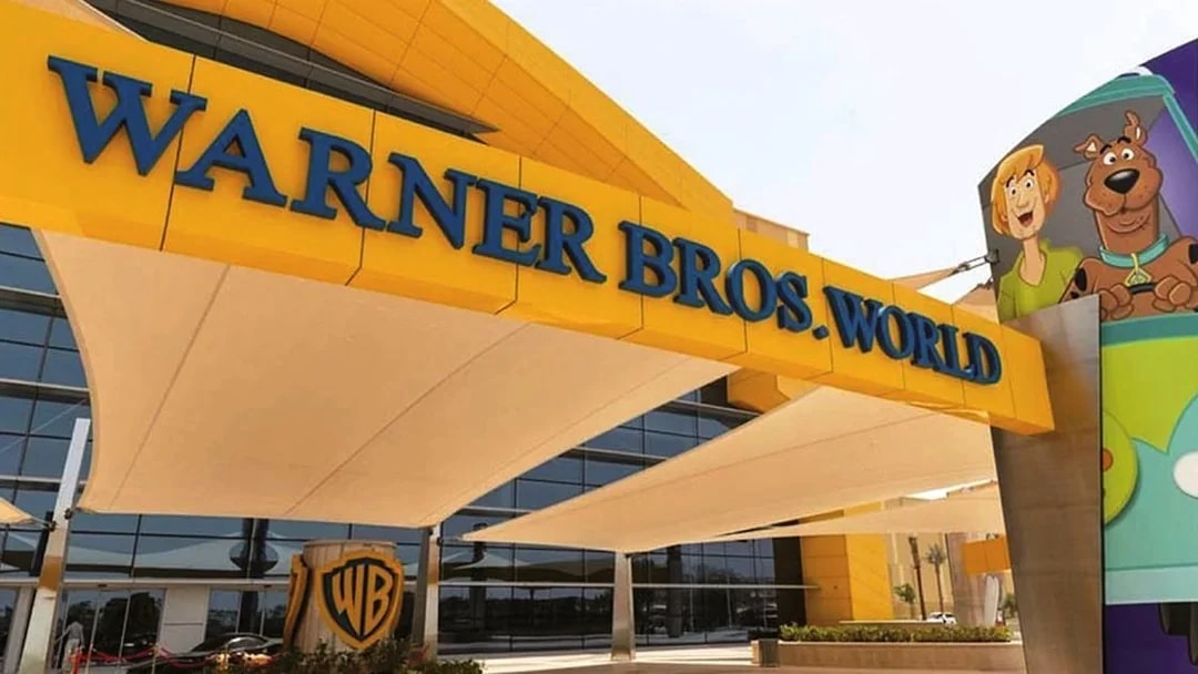 Entrance of Warner Bros. World Abu Dhabi with cartoon characters.