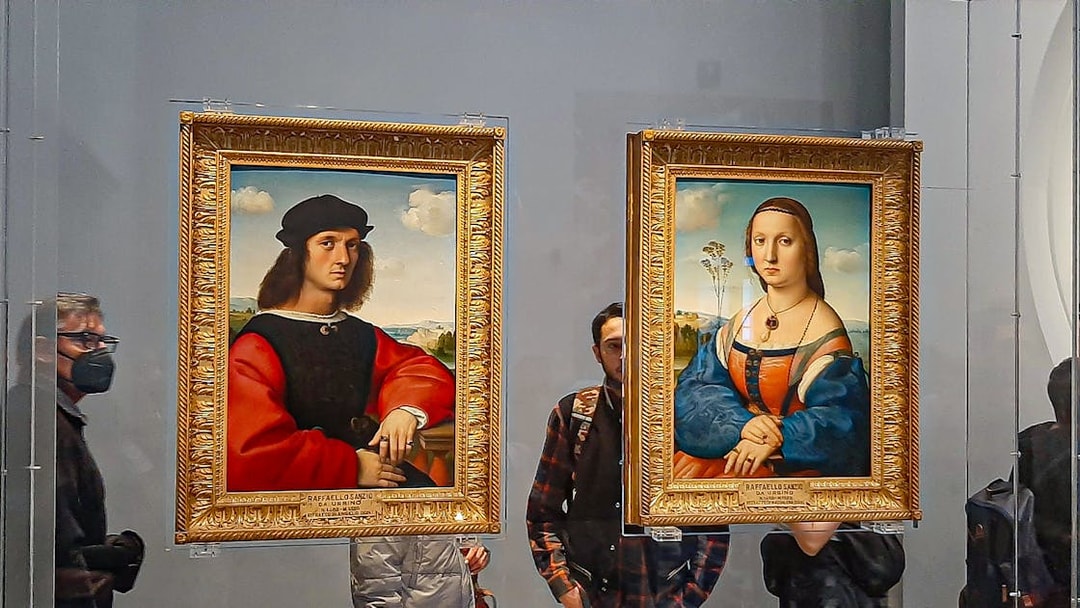 Paintings in Accademia and Uffizi Gallery, Florence, with visitors viewing art.