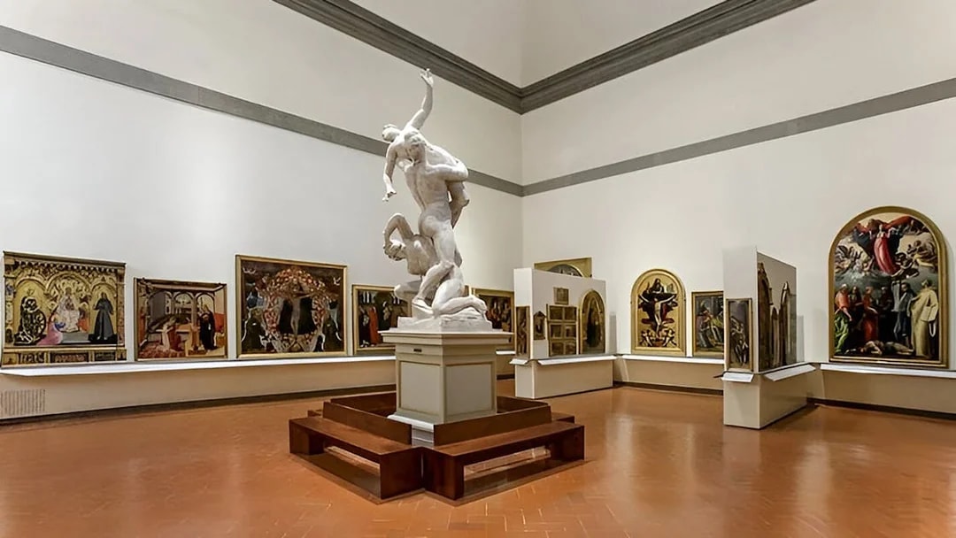 Sculpture and paintings in Accademia Gallery, Florence, Italy.