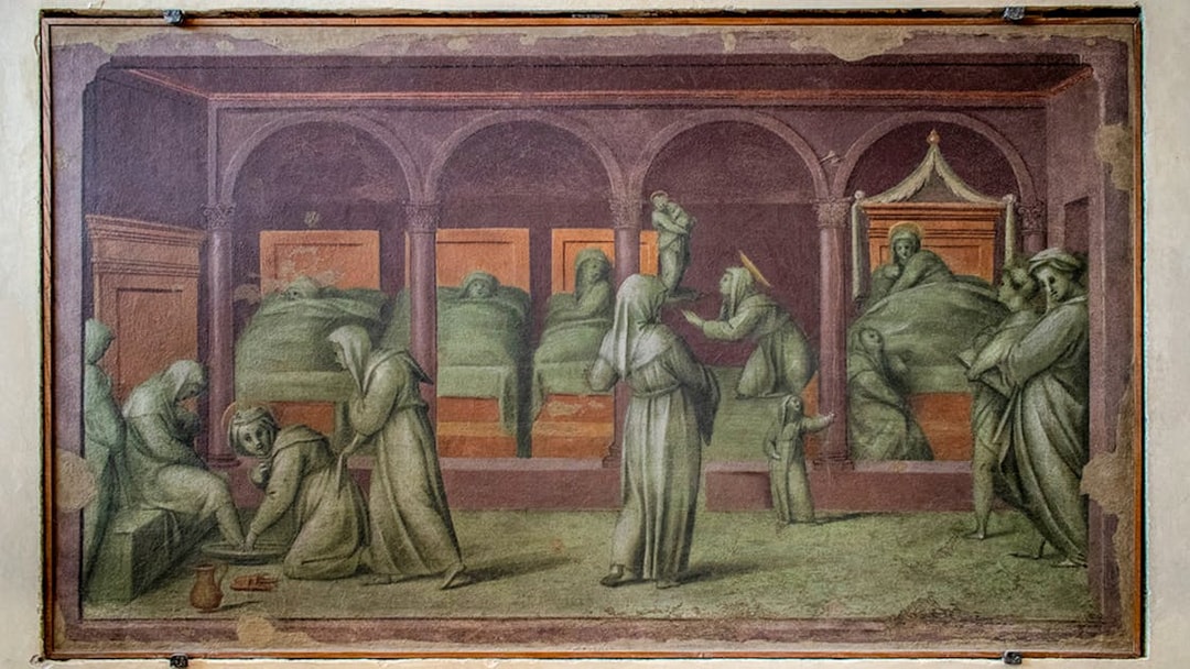 Hospital scene painting in Gallerie dell'Accademia, Venice, depicting caregivers attending to patients.