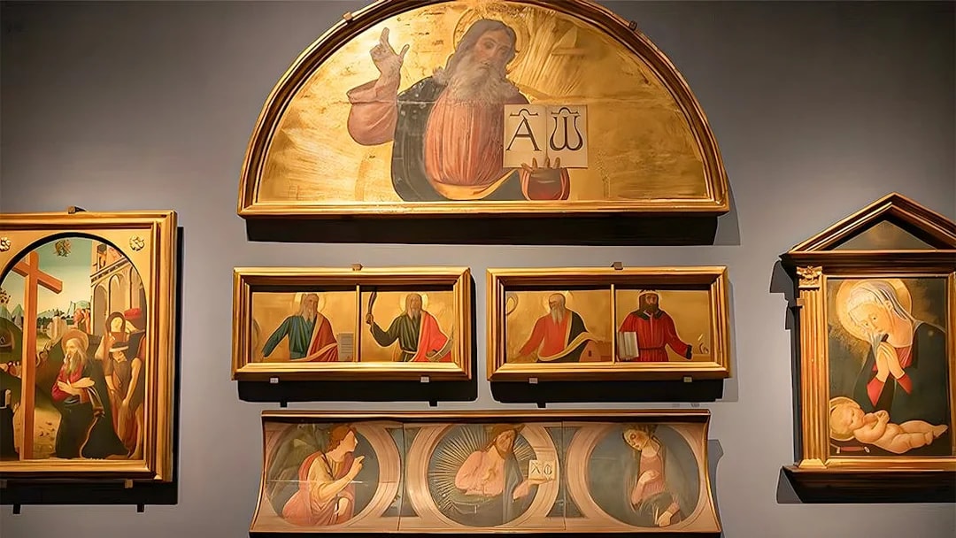 Paintings displayed at Accademia Gallery, Florence, featuring religious figures and scenes.