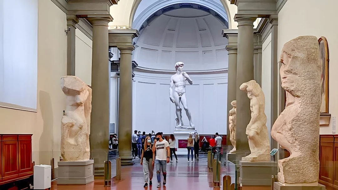 Hall of Prisoners sculptures leading to Michelangelo's David in Accademia Gallery, Florence.