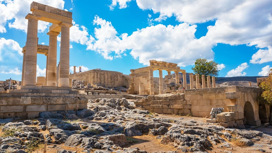 Acropolis of Lindos ruins under a blue sky, Rhodes, Greece.