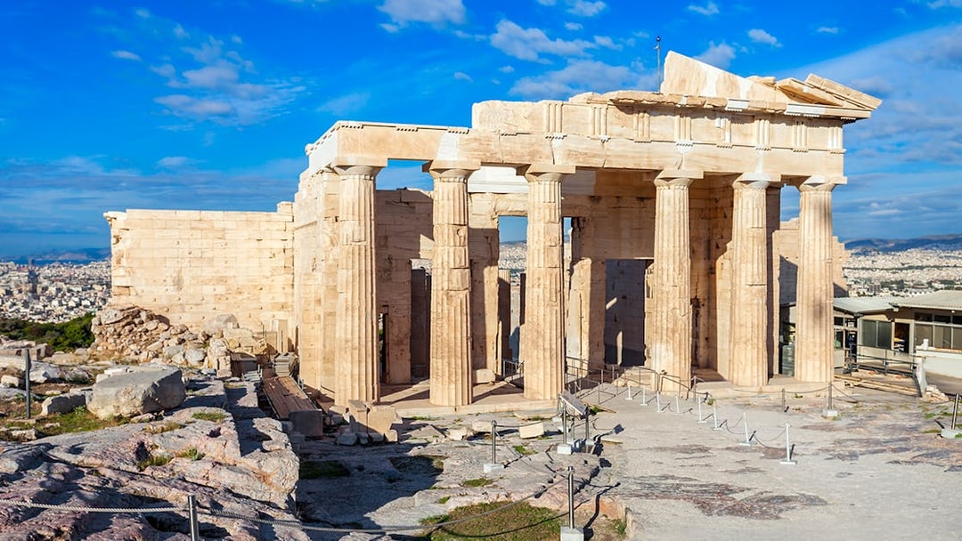 Ancient columns of the Propylaea at the Acropolis in Athens, Greece.