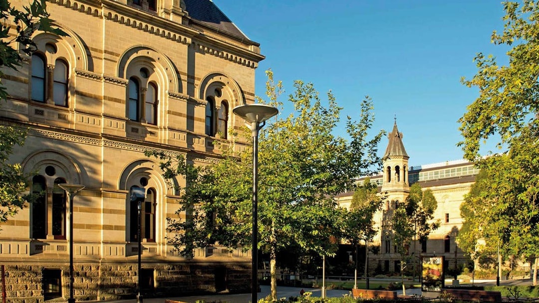 Historic building and gardens in Adelaide city center.