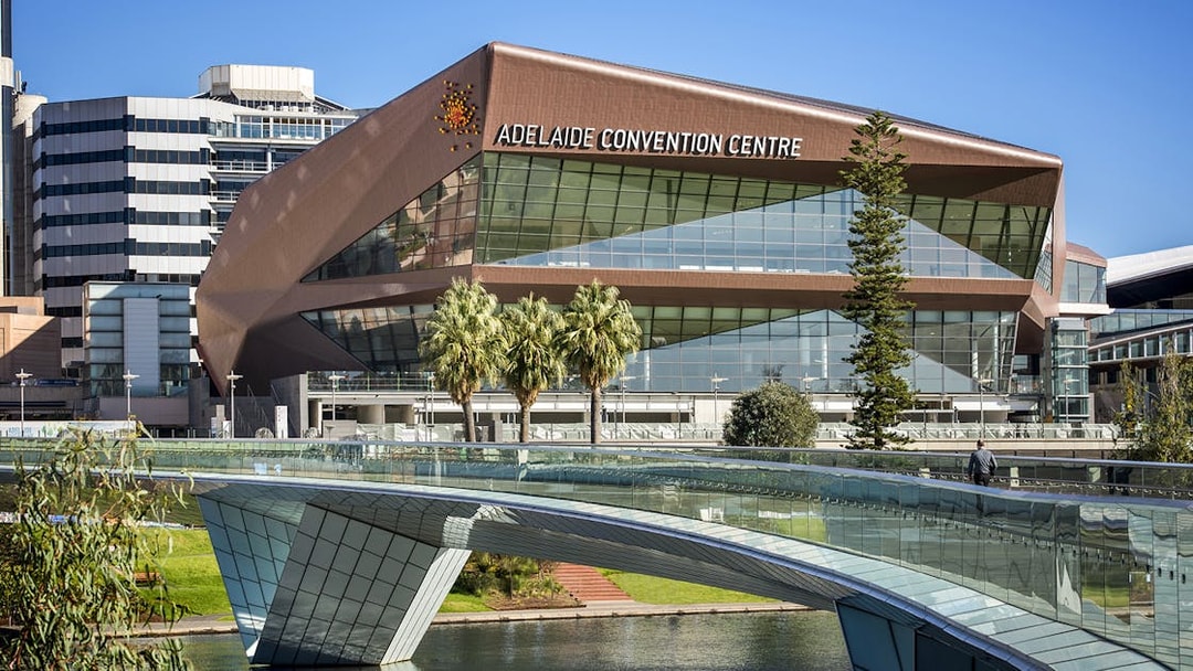 Adelaide Convention Centre with modern architecture and pedestrian bridge in Adelaide.