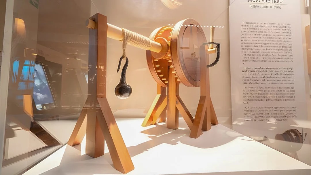 Artifact display at Leonardo3 Museum, Milan featuring a mechanical model.