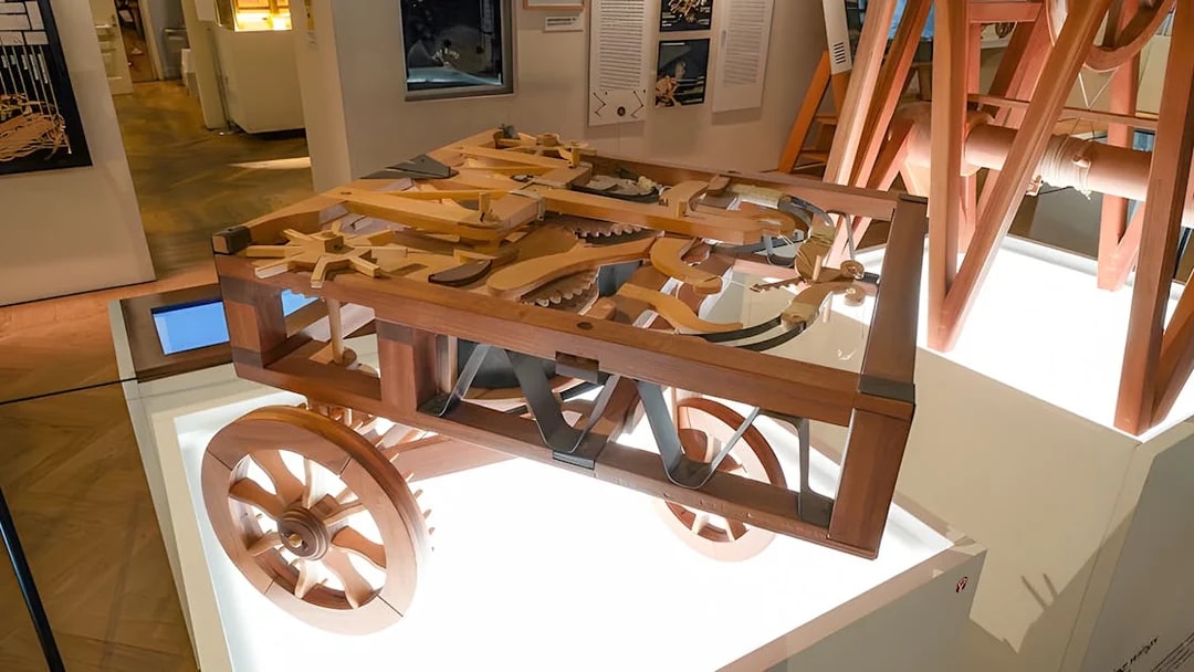 Mechanical artifact display at Leonardo3 Museum, Milan.