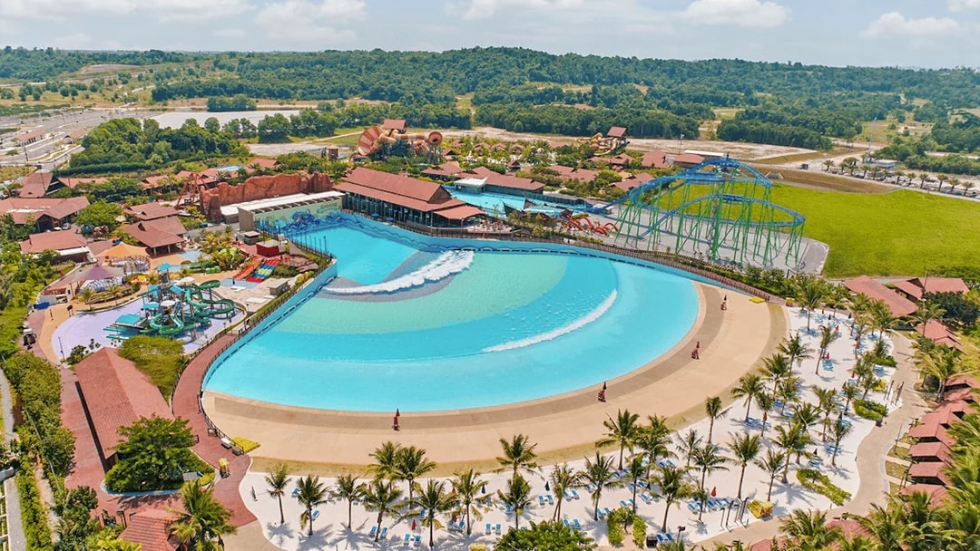 Aerial view of Adventure Waterpark Desaru Coast featuring wave pool and water slides.